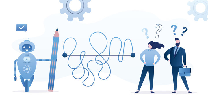 Shortcut on difficult routes, overcome obstacles. AI chatbot makes straight path on winding road. Robot chat bot looking for easiest way to achieve goals and help business people.