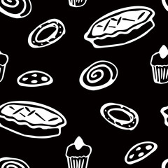 Rustic hand drawn vector seamless bakery pattern with bread illustrations for restaurant branding, kitchen textiles and food packaging.