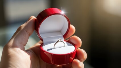 Man holding red engagement ring box with sparkling diamond. Proposal and wedding concept for future married couple. Jewelry gift for Valentines Day.