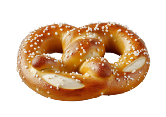 Close up of a baked pretzel with coarse salt sprinkled on its surface isolated on a transparent background