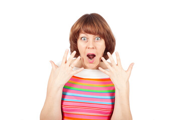 Shocked and surprised woman with wide eyes and expressive gestures on white background