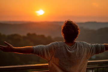 Fototapeta premium Enjoying a moment of peace while stretching arms on a balcony at sunrise Generative AI