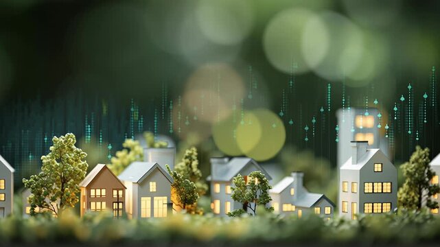 A model of a town with houses and trees. The houses are white. Long-term housing market forecast concept, abstract residential landscape with subtle future indicators, professional financial look