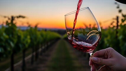 Red wine pouring into glass vineyard.