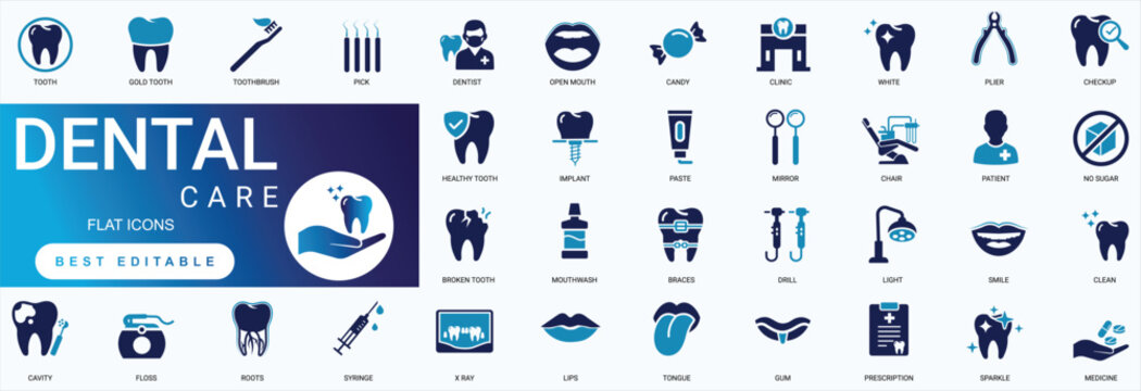 Dental care solid icon set featuring dentist clinic tooth, oral hygiene brush, braces implant, and medical checkup vector symbols
