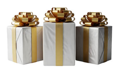 Three elegant gift boxes with golden ribbons on a dark background