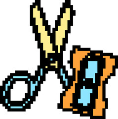 Vibrant pixel art scissors cutting colorful paper