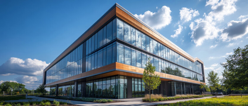 A striking corner of a modern office building showcases a shimmering glass exterior reflecting the blue sky and fluffy clouds while surrounded by greenery