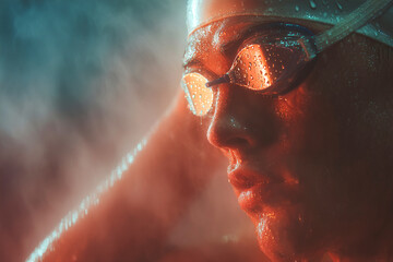 Adjusting goggles for a dive in a misty atmosphere just before entering water Generative AI