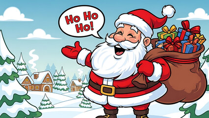 Jolly Santa Claus carrying a large sack of colorful gifts in a snowy village scene