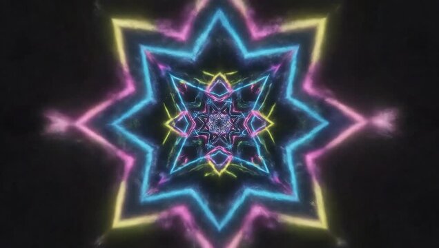 Hypnotic Abstract Starburst Pattern Kaleidoscopic Tunnel Effect With Neon Colors And Glitter Particles