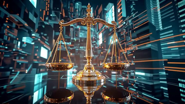 Golden Scales of Justice Balanced on Reflective Glass City Skyline Night Neon Glow
