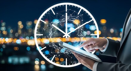 Businessman interacting with digital clock interface representing time management and technology.