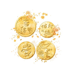 gold Chinese coins. Watercolor illustration isolated on white background for Spring Festival, Lunar New Year. symbol of luck and wealth. clipart and cut out elements