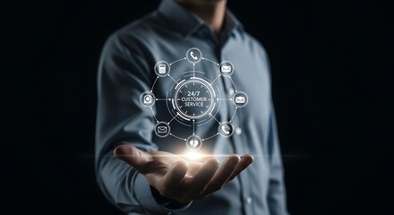 Businessman holding a glowing digital network with interconnected icons representing business and technology concepts.