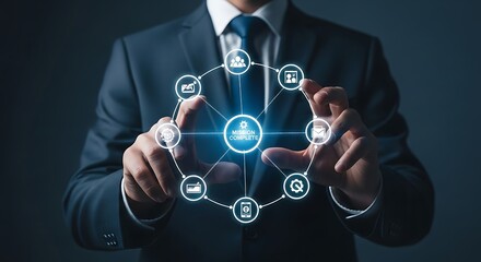 Businessman interacting with a glowing digital network interface, symbolizing global business connections and technology.