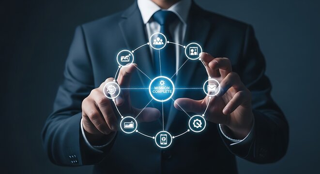 Businessman interacting with a glowing digital network interface, symbolizing global business connections and technology. - Powered by Adobe