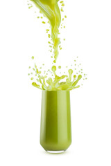 Fresh green kiwi juice pouring juice into glass with dynamic splashes, flying drops, isolated. Healthy organic drink for design of detox diet menu, fitness cuisine or restaurant, card, poster, flyer.