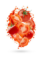 Fresh tomato juice, ripe red tomato slices in splashing of juice droplets levitated as energy flow, isolated. Perfect for vegetarian diet food, juice label, detox cooking, fitness food, advertising.
