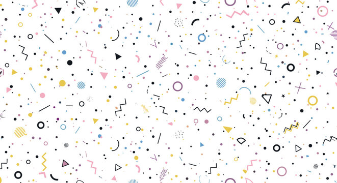 Modern memphis style seamless pattern with a variety of colorful geometric shapes lines and dots on a clean white background.