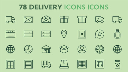 78 delivery icons collection featuring trucks envelopes boxes globe clock person and medical cross for shipping services courier and logistics
