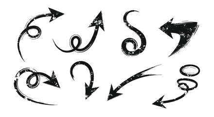Set of black grunge style hand-drawn arrows with distressed textures and various curved and spiral shapes for a creative design look.