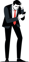 Stressed Businessman Using Phone In Black Suit Red Tie Minimal Illustration