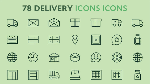 78 delivery icons collection featuring trucks envelopes boxes globe clock person and medical cross for shipping services courier and logistics - Powered by Adobe