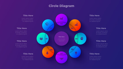 8 Steps Circle Diagram Presentation Template with Eight Step Process Options on Dark Background Vector