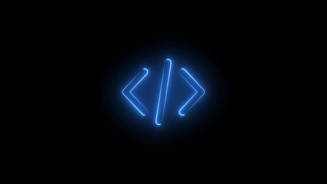 Neon coding icon animation with glowing light effect, programming and software development symbol for digital interface and technology design.