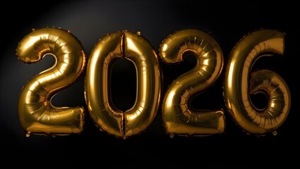 Floating Gold Mylar Balloon Numbers 2026 on Black Background