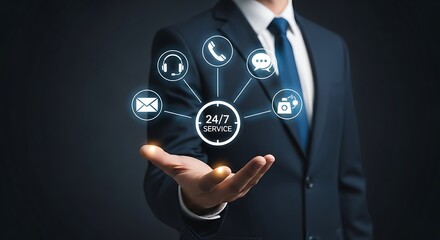 Customer Service Concept with 247 Support Icons and Business Professional.