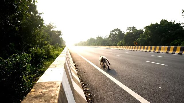 Slow motion shot of monkey jumping from tree on the highway
