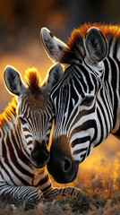 Obraz premium Baby zebra foal and its mother standing together in a tender moment in the wild during sunset golden hour lighting.