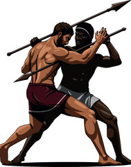 Two Gladiators Fighting Spears Roman Warriors Combat Arena Vector