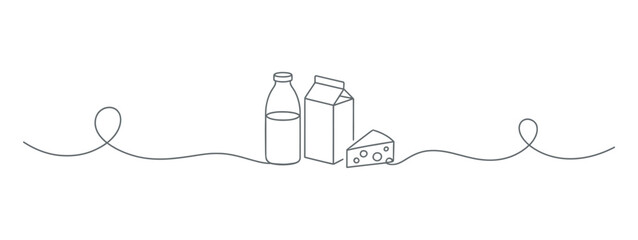 Continuous line drawing of milk bottle cheese and carton, vector illustration