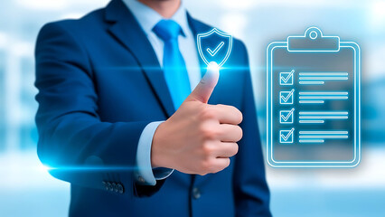 Businessman giving a thumbs up with digital checklist and shield icon approval success