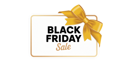 Golden Black Friday Sale sign with ribbon on black background