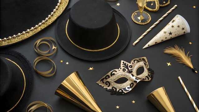 Flat Lay of Black and Gold Party Hats and Noisemakers