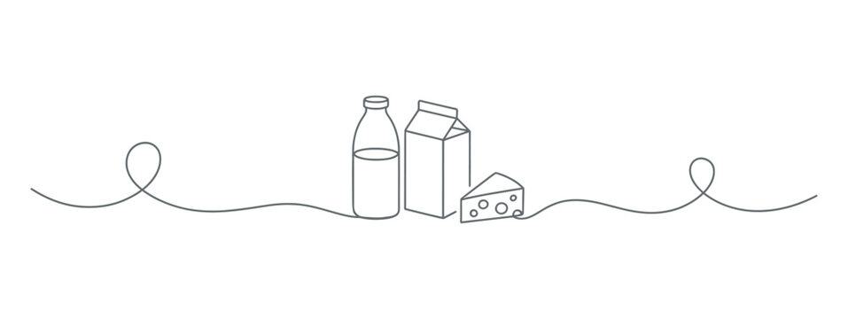 Continuous line drawing of milk bottle cheese and carton, vector illustration