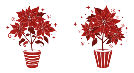 Two stylized red poinsettia plants in decorative pots for christmas illustration.