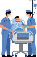 Two Nurses Monitor Patient on Ventilator in Modern Hospital Room