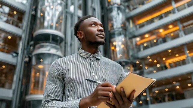 A young Black man stands in a corporate atrium. He looks up at glass elevators while holding a notebook and pen. This happens during daylight hours in a modern office space