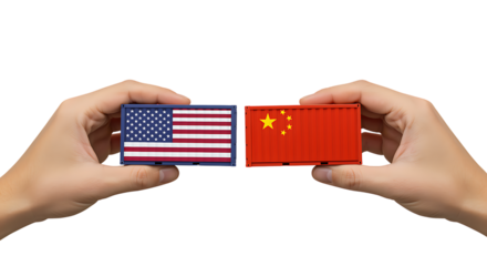 Hands holding shipping containers representing united states and china trade relations.