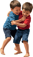 Two Young Boys Playfully Wrestling Outdoors Bright Sunlight