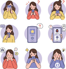 Vector Illustration of Young Woman Using Smartphone Icons Minimalist Flat Design