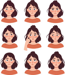 Vector Pixel Art Woman Expressing Various Emotions Flat Illustration