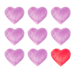 Fototapeta premium Hand-drawn marker hearts in soft purple and red tones isolated on white background. Romantic abstract shapes with smooth texture, ideal for Valentine’s Day designs, cards, prints, and decor.