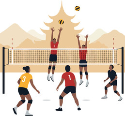 Volleyball Match Players in Action Asian Temple Background Minimalist Flat Design