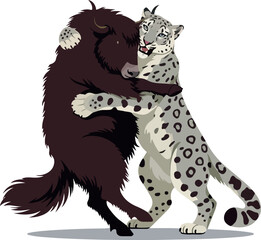 Wild Boar and Snow Leopard Hugging on White Background Flat Illustration